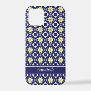 Coque iPhone 12 Pro Marocaine Bohème Fleurs Jaunes Motif Bleu