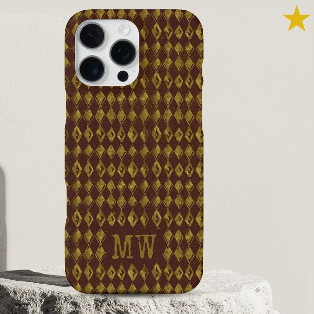 Coque iPhone Maroon Gold Doodle Diamond Pattern Custom Monogram (Créateur téléchargé)