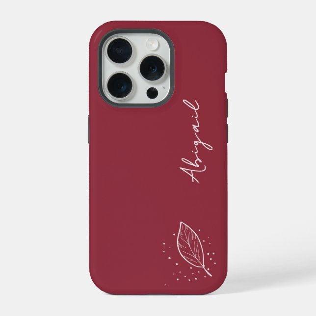 Coque iPhone Maroon rouge, nom blanc, feuille et points minimal (Verso)