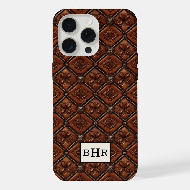 Coque iPhone Marron Cuir Diamant Monogrammé (Verso)