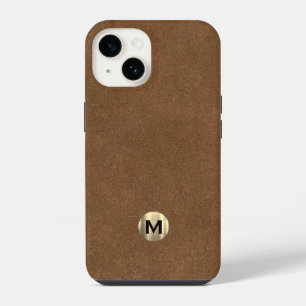 Coque Pour iPhone 14 Marron Moderne Cuir Brossé Or Monogramme