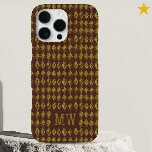 Coque iPhone 16 Pro Max Marron Or Doodle Motif Diamant Monogramme Personna