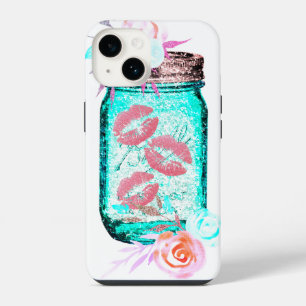 Coque Pour iPhone 14 Mason jar papillon baiser floral rose turquoise gr