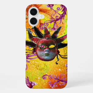 Coque iPhone 16 Plus MASQUE DE JESTER ROUGE NOIR Mascarade Jaune Violet