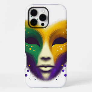 Coque iPhone 16 Pro Max Masque de Mardi Gras jaune violet vert