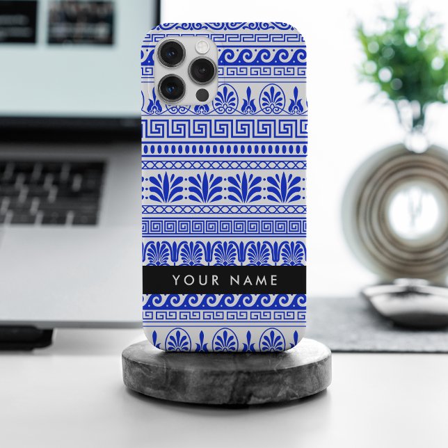 Coque iPhone Méandre grec, Clé Méandre Mixte, Bleu, Votre Nom (Créateur téléchargé)