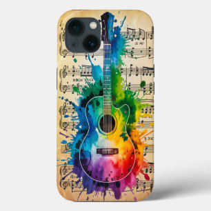 Etui iPhone 13 Mélodie Colorée : Guitare Peinte sur Musique Vinta