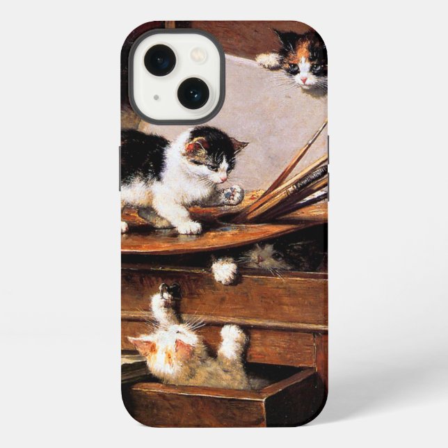 Coque iPhone Mère Chat et chatons sur table (Verso)