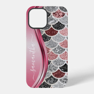Coque iPhone 12 Pro Mermaid Scales Argent Nom manuscrit rose