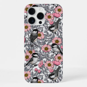Coque iPhone 16 Pro Max Mésanges dans l'églantier, rose et gris
