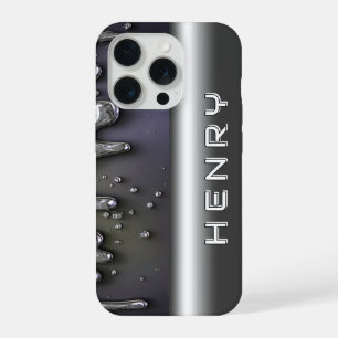 Coque iPhone 15 Pro Métal Liquide Foncé Nom Brillant Sur Chrome Argent