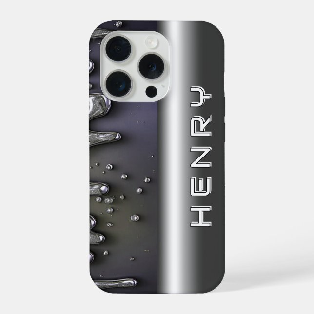 Coque iPhone Métal Liquide Foncé Nom Brillant Sur Chrome Argent (Verso)