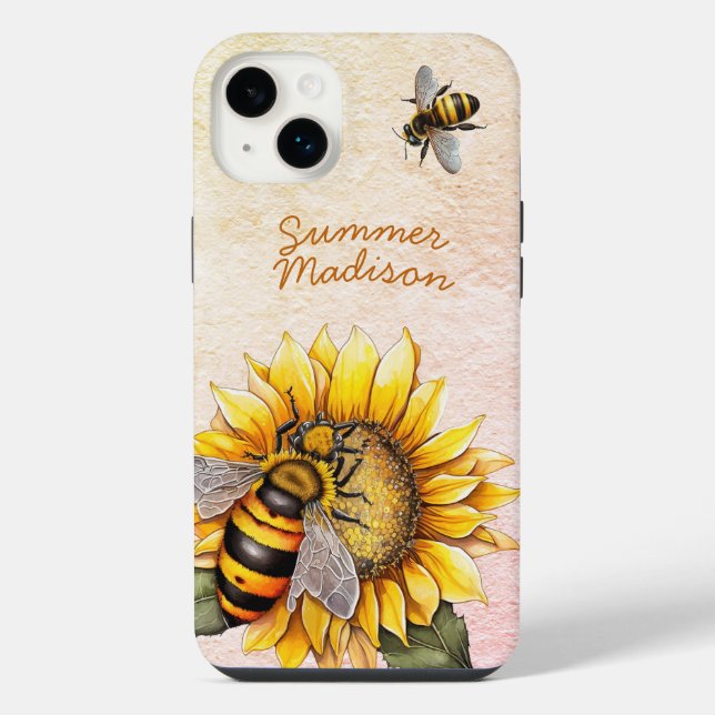 Coque iPhone Miel de Tournesol Abeilles Été Floral Nom Script (Verso)