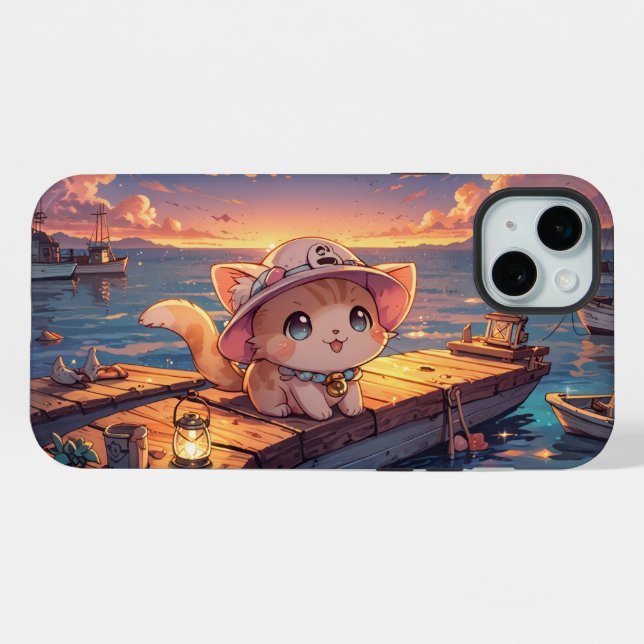 Coque iPhone Mignon Chat Chibi au coucher de soleil du port – F (Verso Horizontal)