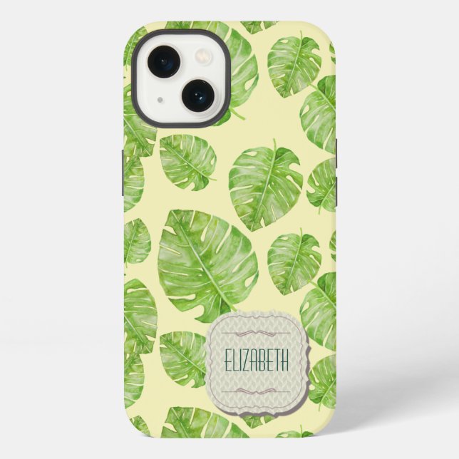 Coque iPhone Mignon Chic Feuille de Banane Vert Blanc Nom Jaune (Verso)