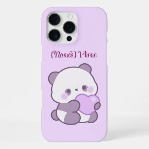 Coque iPhone 16 Pro Max Mignon Kawaii Pastel Violet Panda avec Coeur Perso