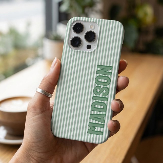 Coque iPhone Mignon rayures vertes et blanches Nom personnalisé (Créateur téléchargé)