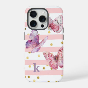 Coque iPhone 15 Pro Mignonne Girl's Pink Stripes Dots et Papillons
