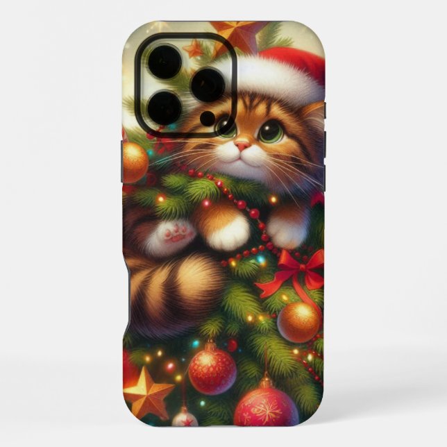 Coque iPhone Mignonne, malicieuse chatte dans le sapin de Noël (Verso)