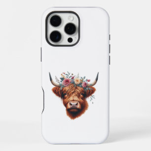 Coque iPhone 16 Pro Max Mignonne vache des Highlands florale/printanière