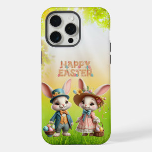 Coque iPhone 15 Pro Max Mignonne, Whimsical Joyeuse Pâques avec 2 lapins
