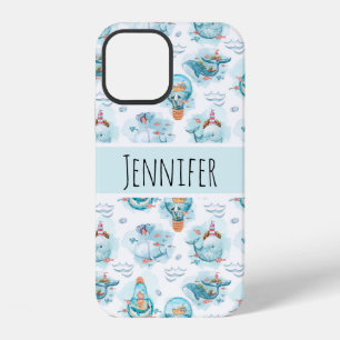 Coque iPhone 12 Mignons baleines nautiques motif aquarelle