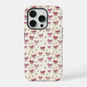 Coque iPhone 15 Pro Mignons Rubans Roses Coeurs Étoiles Motif Coquette