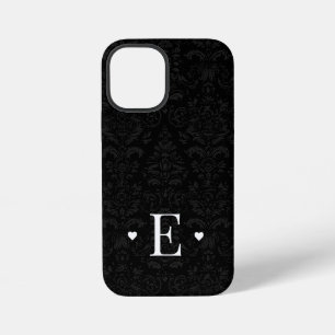 Coque iPhone 12 Mini Minimal Heart Chic Monogramme Initial Noir Damassé