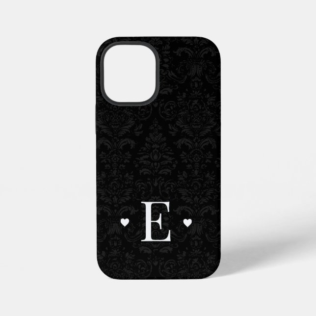 Coque iPhone Minimal Heart Chic Monogramme Initial Noir Damassé (Verso)