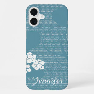 Coque iPhone 16 Plus Minimaliste floral bleu et blanc, nom, fille