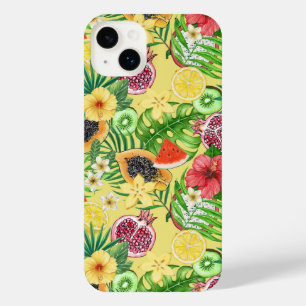 Mix-fruit tropical, fleurs et feuilles sur jaune