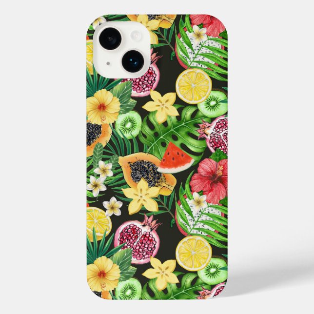 Coque iPhone Mix-fruits tropicaux, fleurs et feuilles en noir (Verso)