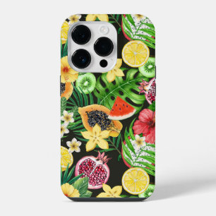 Coque Pour iPhone 14 Plus Mix-fruits tropicaux, fleurs et feuilles en noir