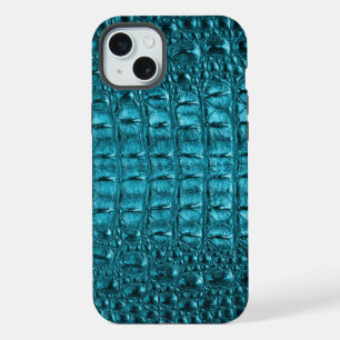 Coque iPhone 15 Plus mode girly bleu Alligator cuir