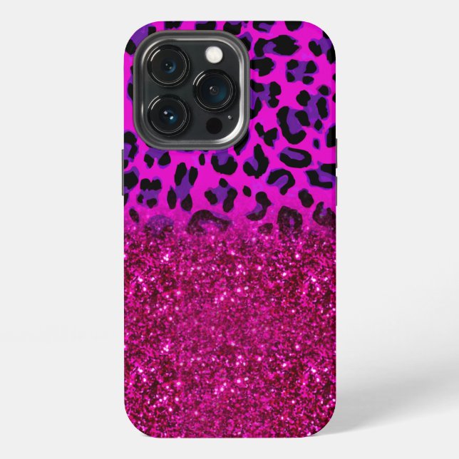 Coque iPhone Mode Moderne Léopard Pailleté Rose Violet (Dos)