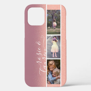 Coque iPhone 12 Modèle de collage photo pour enfants avec fond ros