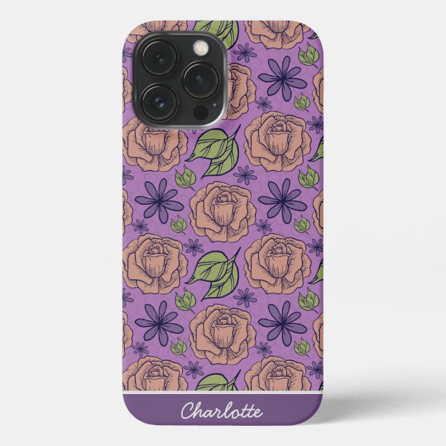 Coque iPhone Modèle fleuri violet grande fleur avec nom (Verso)
