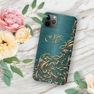 Coque iPhone 11Pro Max Modèle Floral Damas Personnalisé Sur Vert Bleu Tur