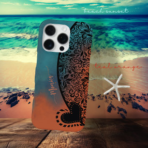 Coque iPhone 16 Pro Modèle Floral turquoise bleu et orange moderne