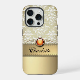 Coque iPhone 15 Pro Modèle romantique Golden Damask personnalisable
