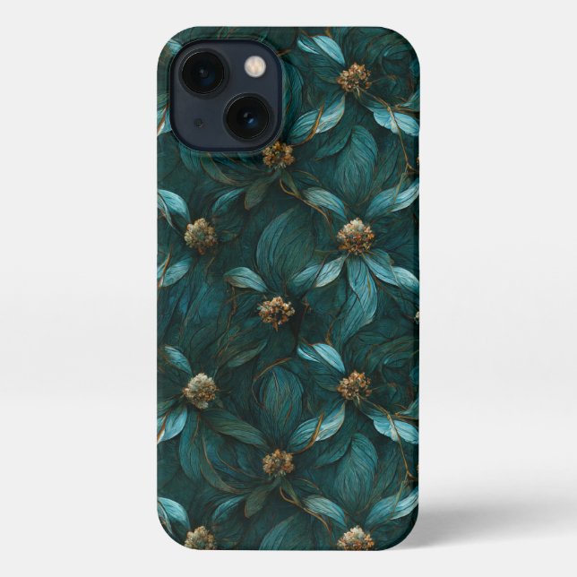 Coque iPhone Modèle turquoise et or floral (Verso)