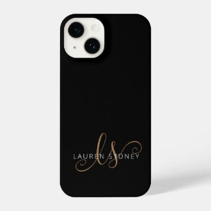 Coque Pour iPhone 14 Modern Black Gold Feminine Script Monogrammed
