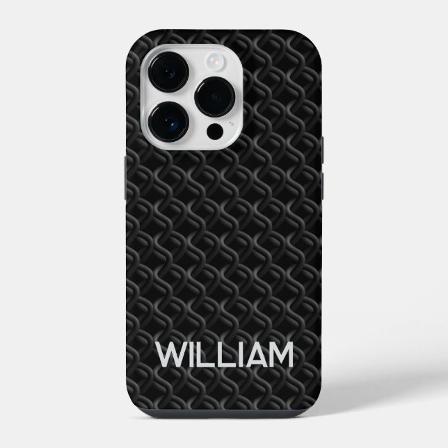 Coque iPhone Modern Black Rubber Lattice with Name (Verso)