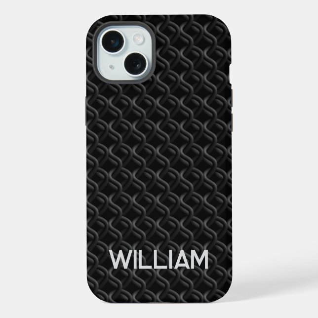 Coque iPhone Modern Black Rubber Lattice with Name (Verso)