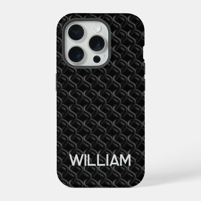 Coque iPhone Modern Black Rubber Lattice with Name (Verso)
