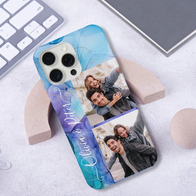 Coque iPhone Modern cute Purple couple photos collage with name (Créateur téléchargé)