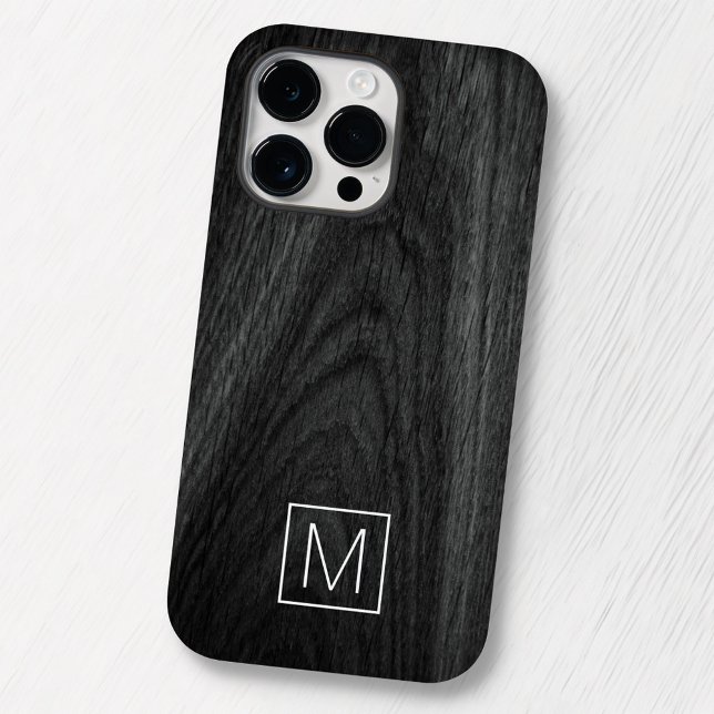 Coque iPhone Modern elegant monogram initial black wood grain (Créateur téléchargé)