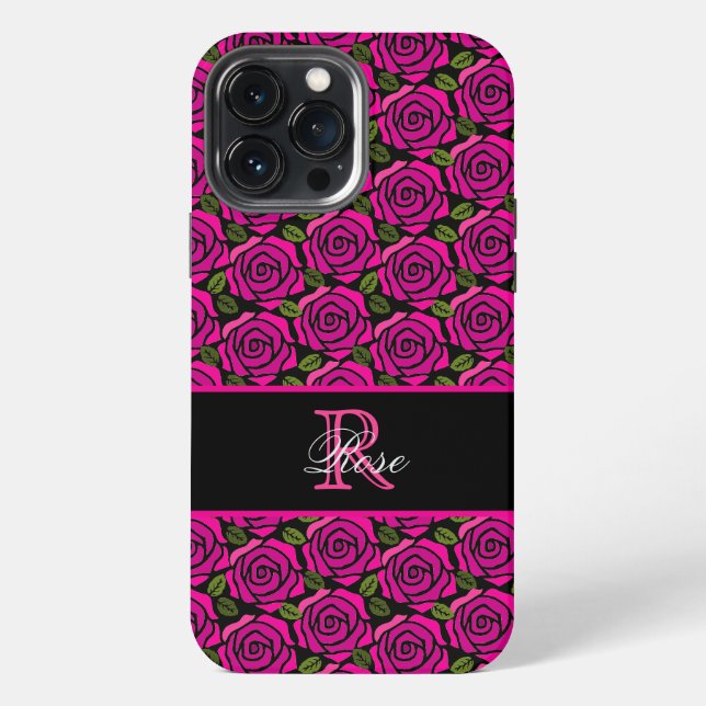 Coque iPhone Modern Girly Hot Pink Roses Custom Name Monogram  (Verso)