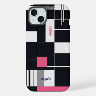 Coque iPhone 15 Plus Moderne abstrait géométrique rose noir élégant