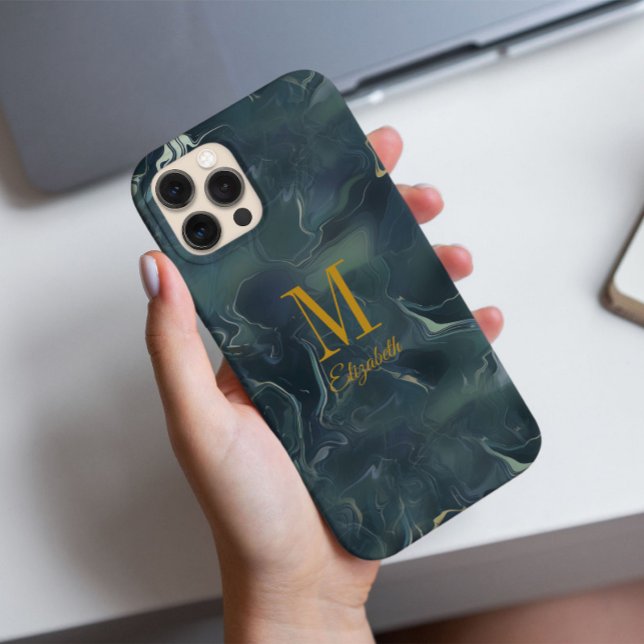 Coque iPhone Moderne Abstrait Vert Foncé Turquoise Monogramme N (The abstract design inspired by nature in dark green tie-dye for the monogram custom name phone case)